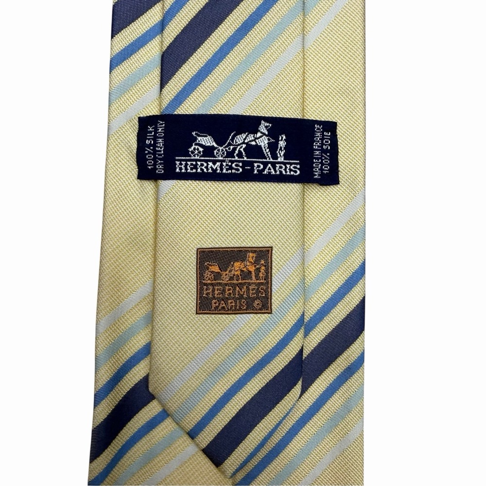 Hermes Men's Recent Tie Yellow/Blue Striped Jacquard Silk 3.5" (W) 60.5" (L) guc